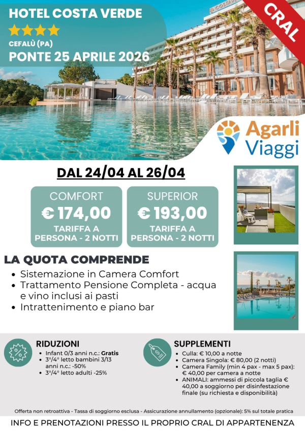 Hotel Costa Verde**** - Cefal&ugrave; (PA)    ponte 25 aprile 2026