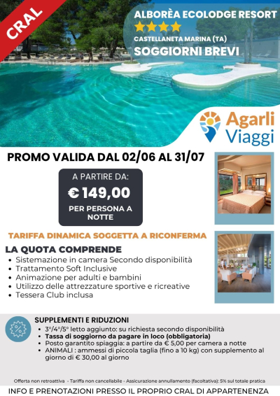 Albor&egrave;a Ecolodge Resort**** - Castellaneta Marina (TP)